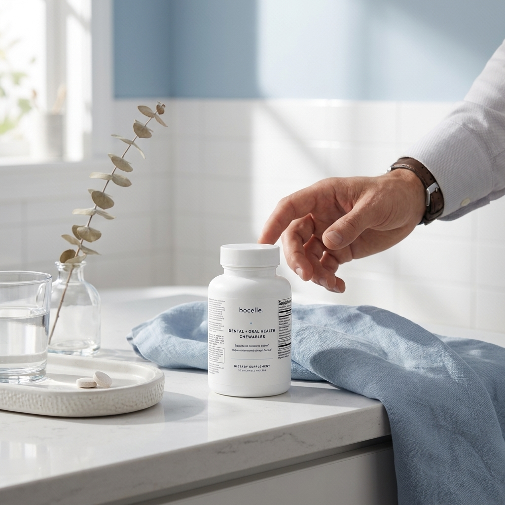 Woman using Bocelle chewables as part of her daily oral-care routine